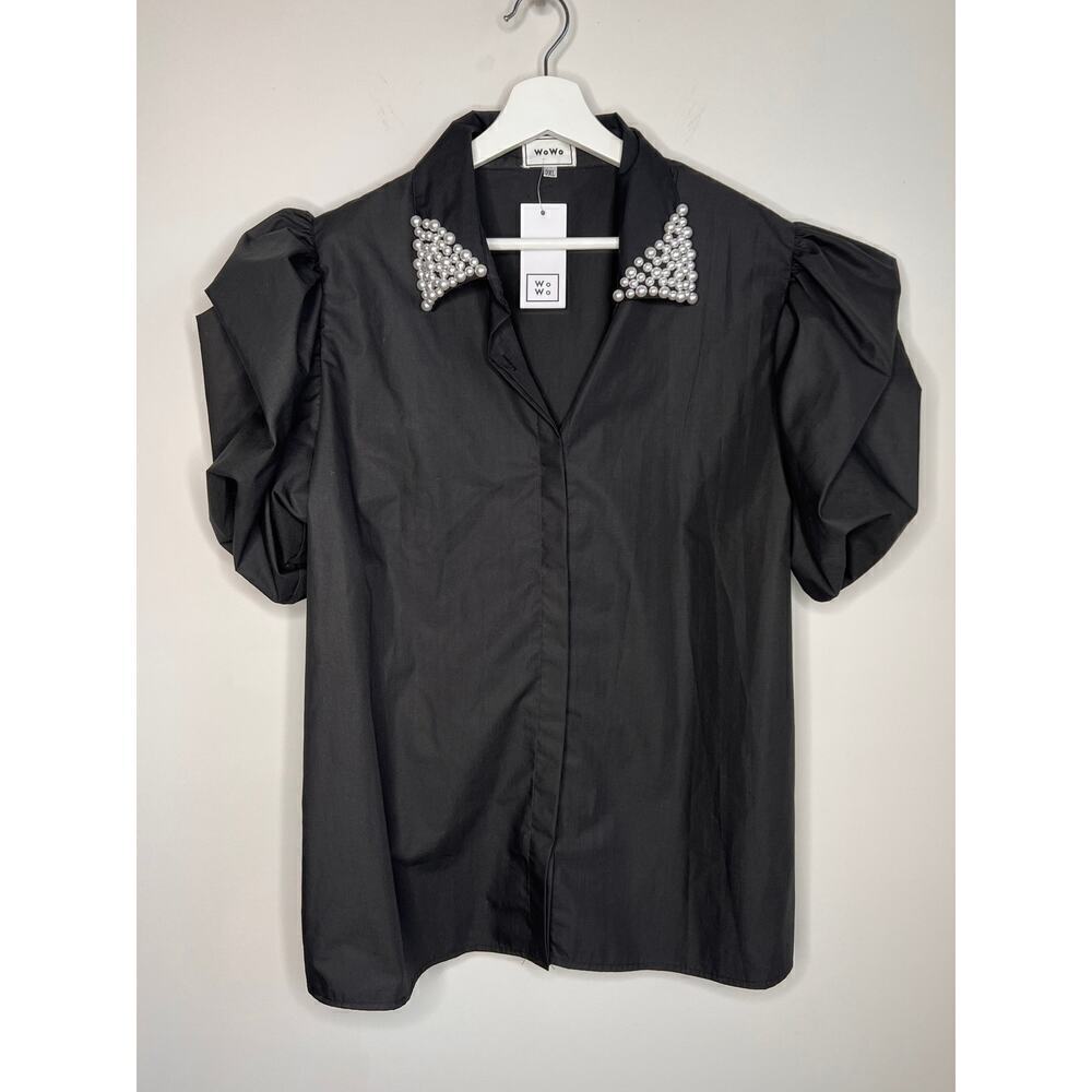 NWT WoWo Boutique Pearl Collar Button Down Puff Sleeve Black Top Women's 2XL